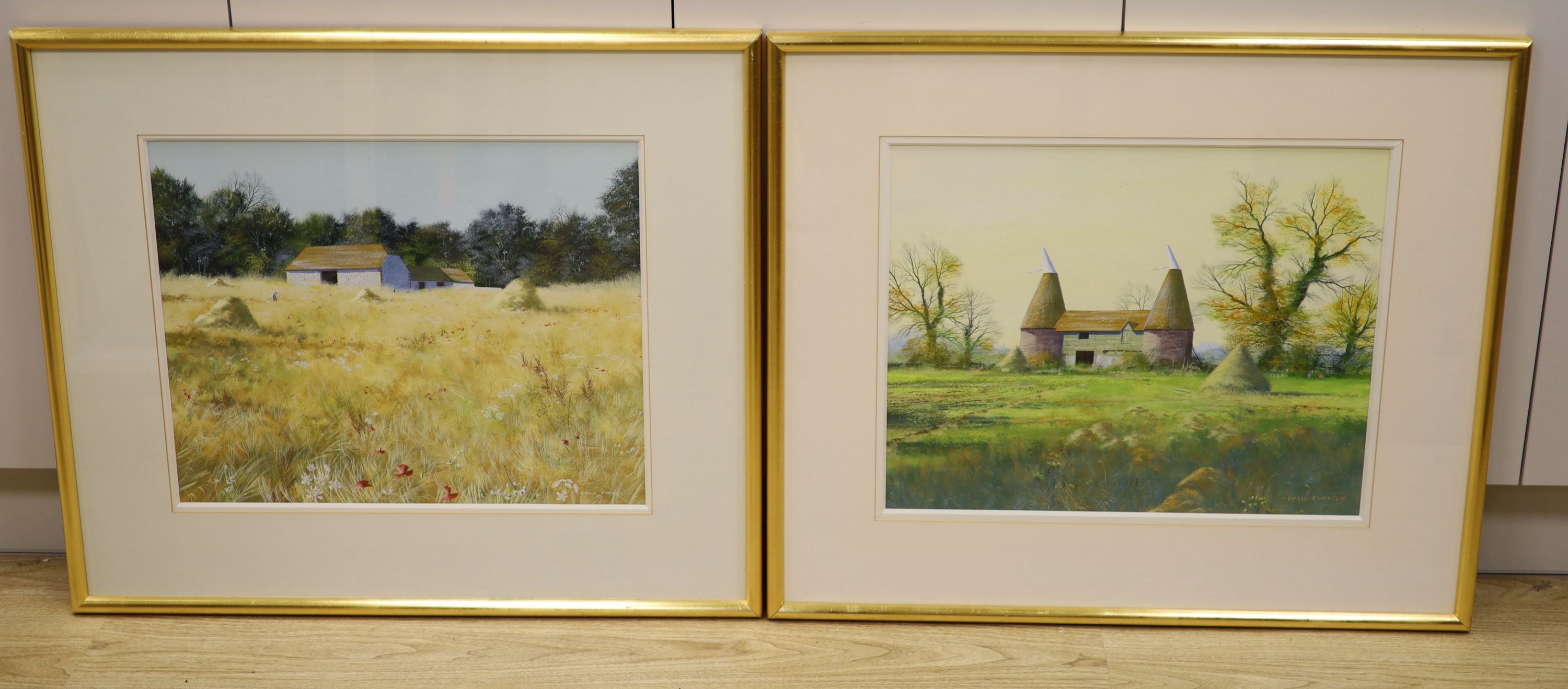 Paul Evans (1950-), gouache, 'Summer Meadow near Steyning' and 'Twin Oast House', signed, a pair, 45 x 56cm. 44 x 56cm